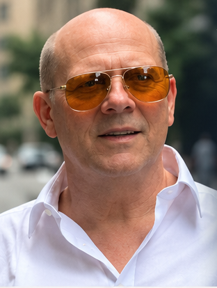Nils Grevillius in his signature amber aviator sunglasses and white shirt